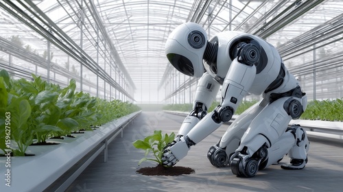 Humanoid Robot Gardener Planting Seeds in Futuristic Eco-Farm, Sustainable Agriculture Technology, AI Farming Automation, Green Future Concept