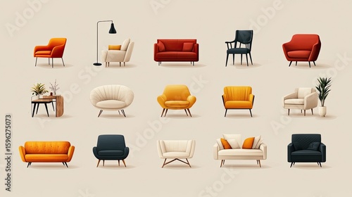 Interior design logo set featuring minimalist armchairs, modern sofas, and stylish furniture icon vector 