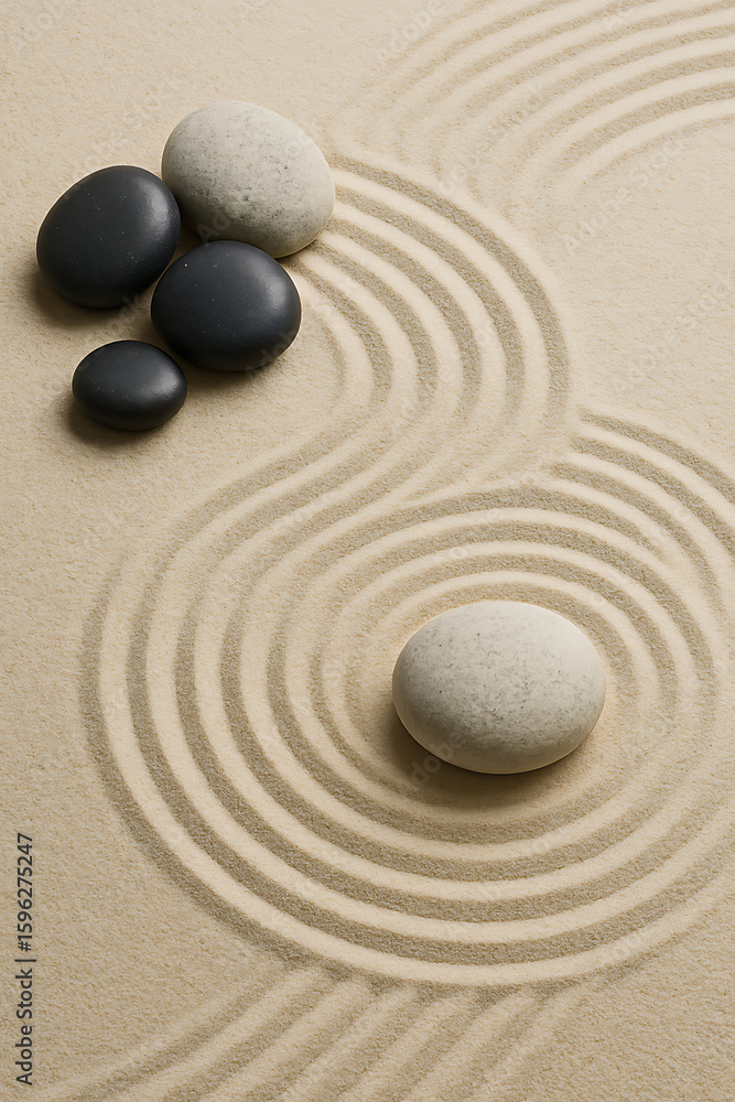 Fototapeta premium Zen garden with stones and sand patterns creates a peaceful and calming scene for meditation