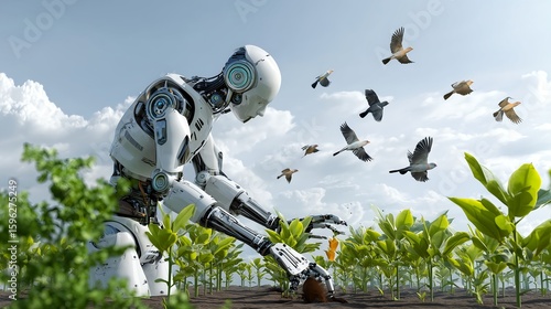 Humanoid Robot Gardener Planting Seeds in Futuristic Eco-Farm, Sustainable Agriculture Technology, AI Farming Automation, Green Future Concept
