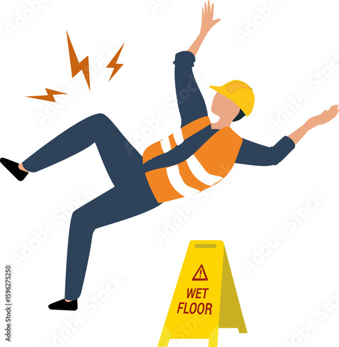  Safety First concept, construction worker slip and fall on wet floor. Safety first, accident caution at construction site.