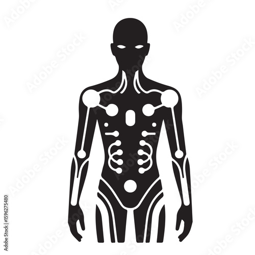 Silhouette of a humanoid figure with internal circuitry visible on a white background design concept