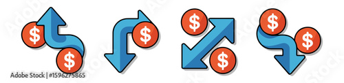 dollar increase and decrease icons set for finance profit loss vector

