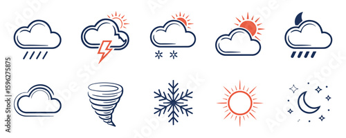 weather icon set with clouds rain storm sun moon transparent vector
