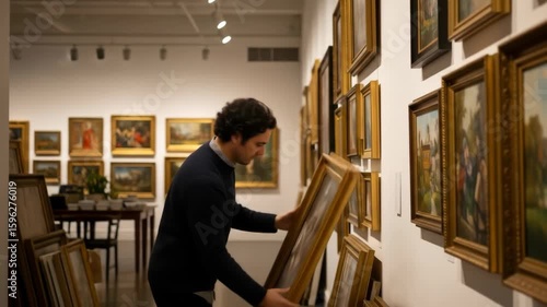 Man Examining Framed Paintings in an Art Gallery