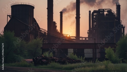 Derelict Industrial Factory at Dusk with Smokestacks and Haze
