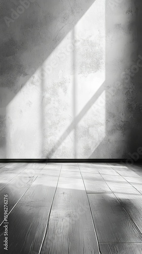 Empty Monochromatic Room with Sunlit Concrete Wall and Wooden Floor Minimalist Interior Background