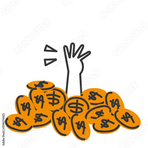 hands drowning in a pile of money coins in doodle icon