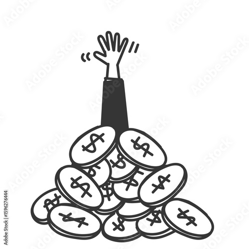 hands drowning in a pile of money coins in doodle icon