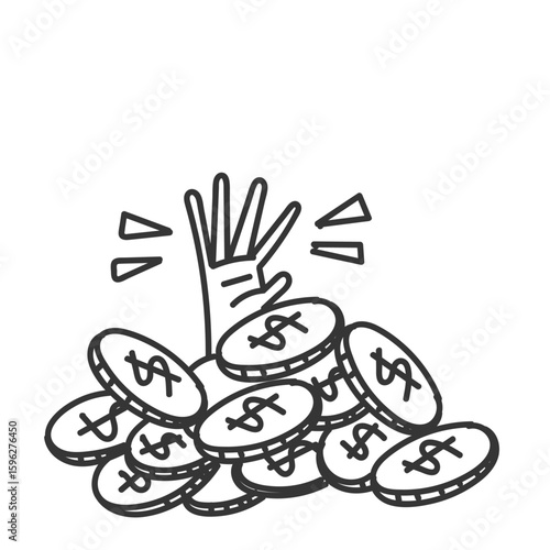 hands drowning in a pile of money coins in doodle icon
