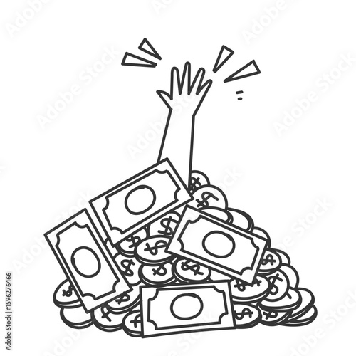 hands drowning in a pile of money coins in doodle icon