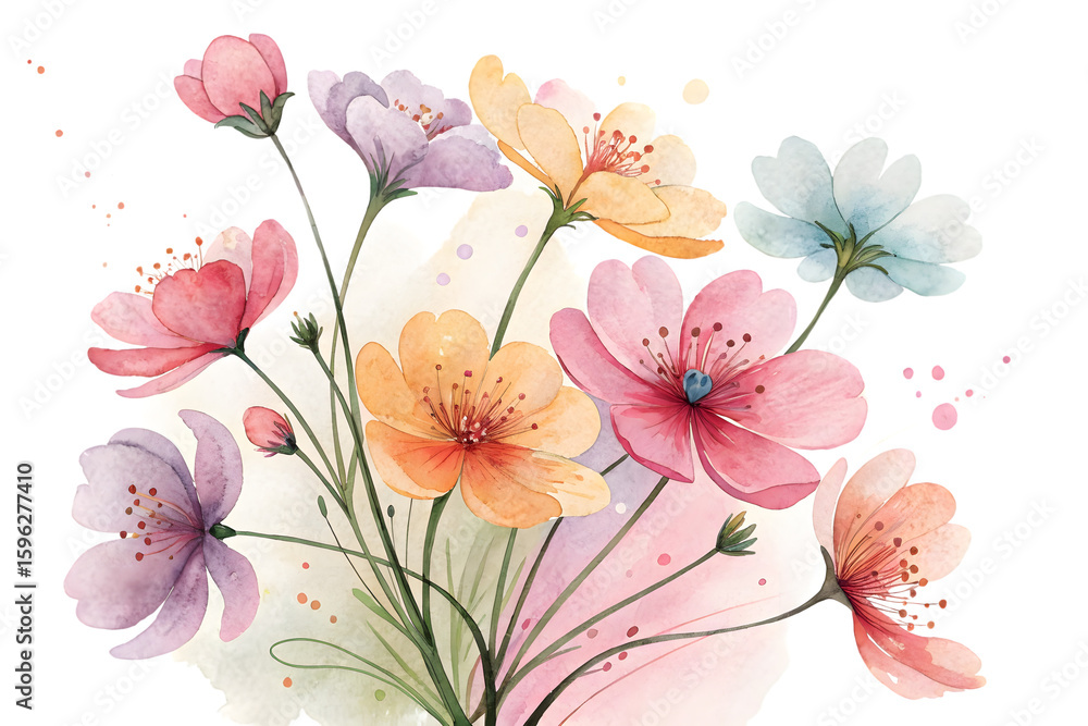 Fototapeta premium Watercolor abstract cluster of flower heads without stems, isolated on transparent background.