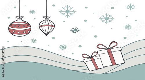 Snowy Gift Delight – A peaceful wintry scene with pastel snowflakes, delicate ornaments, and two beautifully wrapped presents nestled in soft snowdrifts.