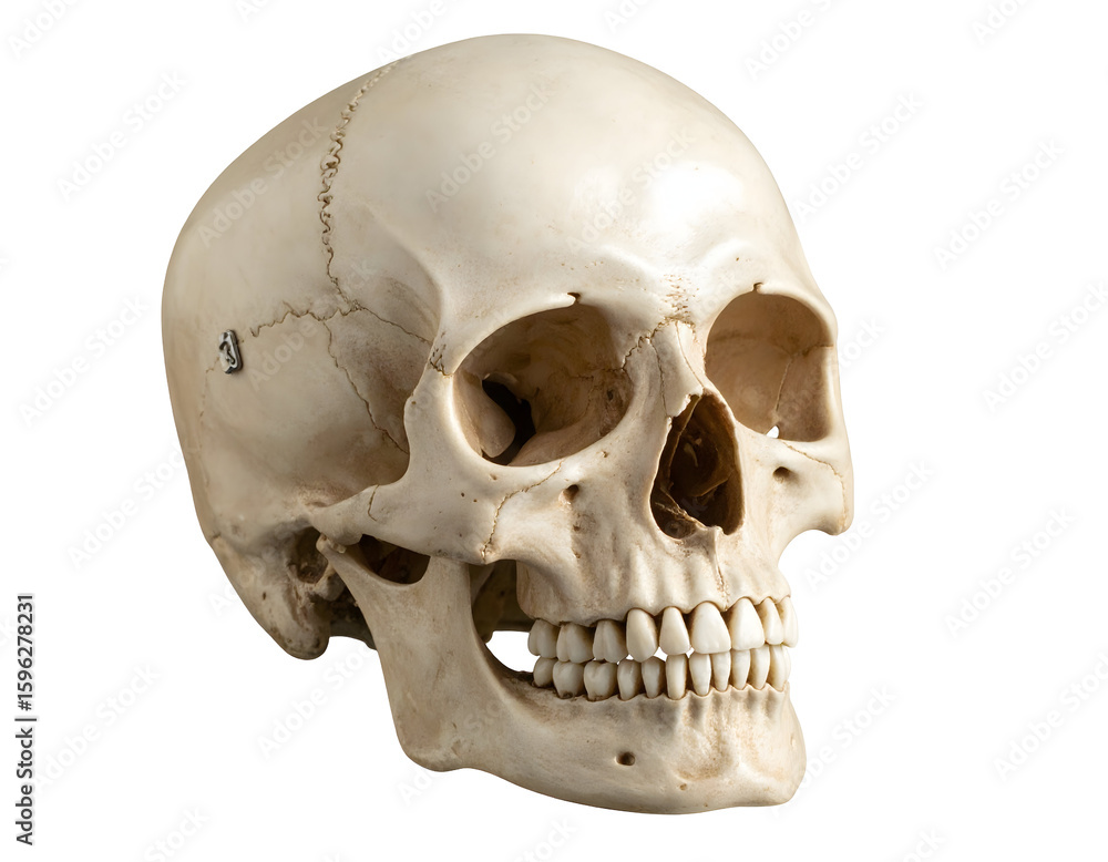 Obraz premium A detailed human skull, a precise anatomical study, reveals the intricate structure of the cranium.
