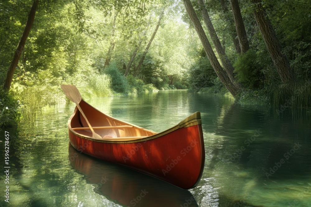 Fototapeta premium Serene red canoe drifting in a calm forest river during a sunny afternoon