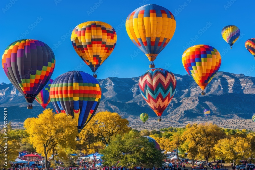 Obraz premium Colorful hot air balloons soar over the mountains during the autumn festival in a vibrant landscape