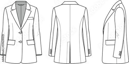 Blazer technical flat sketch, front back side view, tailored jacket vector template, women’s fashion CAD drawing, clothing design illustration