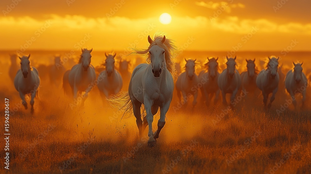 Obraz premium White horses gallop at sunset