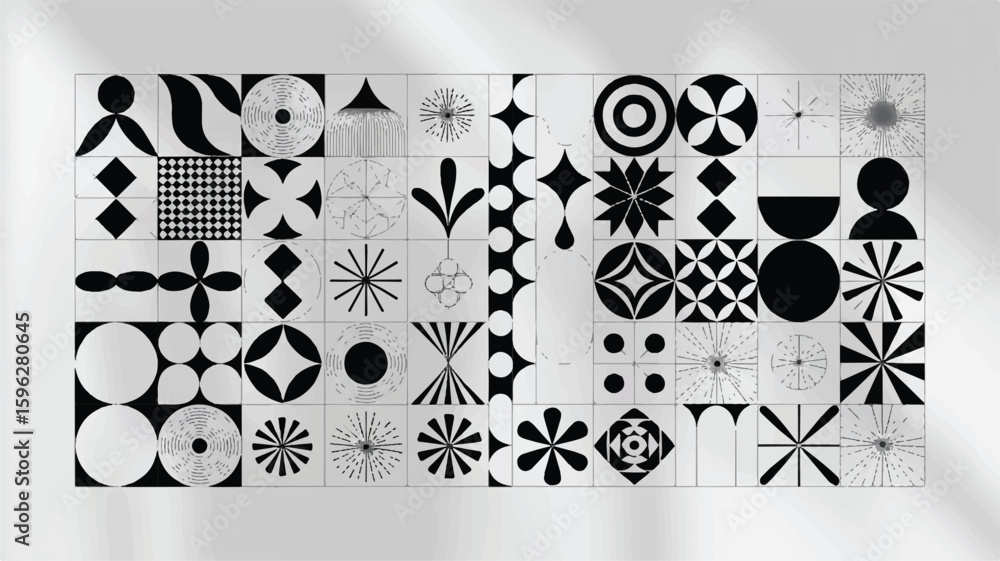Obraz premium A collection of black and white geometric design elements arranged in a grid pattern on a white background. 