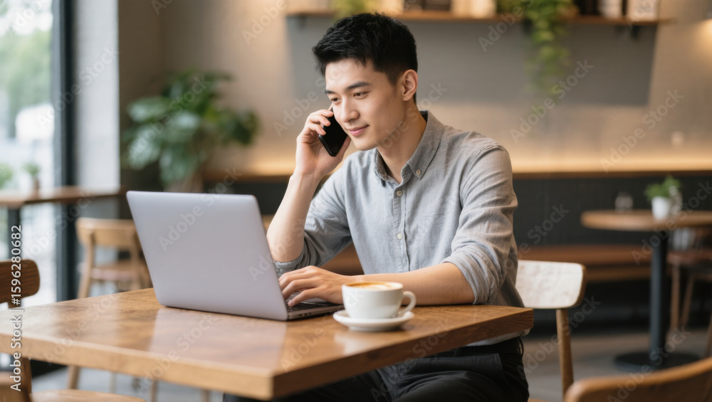 Obraz premium Asian man working on computer, talking on phone, sitting in cafe, casual, focused, coffee cup, modern workspace