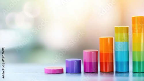Colorful gradation of cylinders representing data growth in a modern workspace soft focus background vibrant and inspirational atmosphere