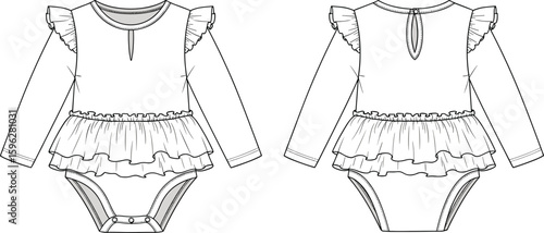 cad drawing flat vector illustration baby girl romper with ruffle skirt long sleeve bodysuit fashion technical sketch front back