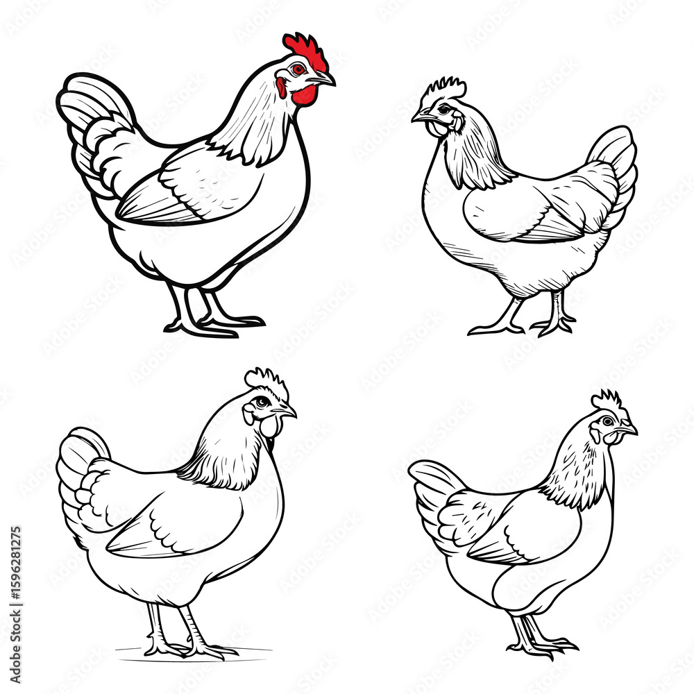 Fototapeta premium Four stylized outline drawings of chickens and a rooster on a white background