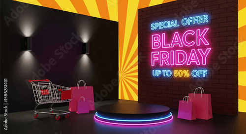 Black Friday Offers in a Trendy Shop with Shopping Bags and Shopping Cart, get up to 50% off on products