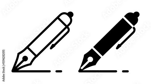 Vector art of a pen writing a line, shown in outline and solid fill icons