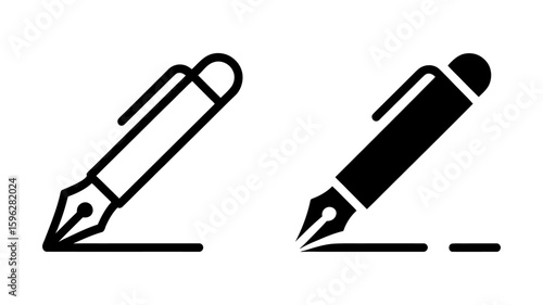 Vector art of a pen writing a line, shown in outline and solid fill icons