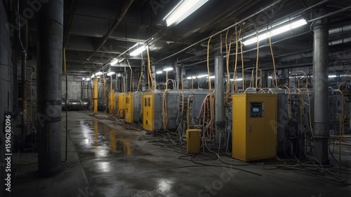 Dark, Industrial Underground Corridor with Electrical Cabinets and Pipes