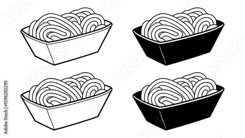 Vector art of a set of four bowls filled with noodles, two in black and two in white