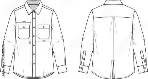 cad drawing flat vector illustration of long sleeve button down shirt, fashion technical sketch, front and back view, apparel template