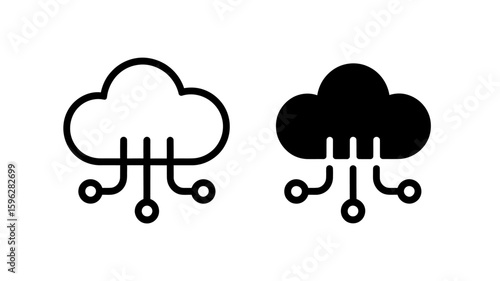 Vector art of outline and solid black cloud computing icons with network connections