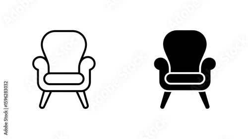 Vector art of two stylized icons of an armchair in outline and black