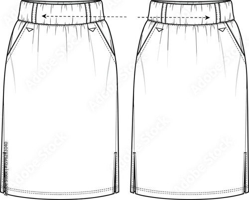 cad drawing flat vector illustration of pencil skirt with elastic waistband front and back view fashion technical sketch design