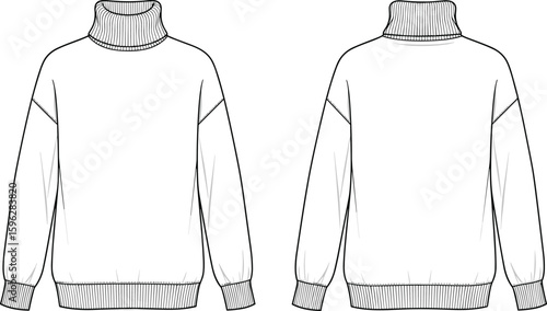 cad drawing flat vector illustration of unisex turtleneck sweater, fashion technical sketch, front and back view, apparel design template