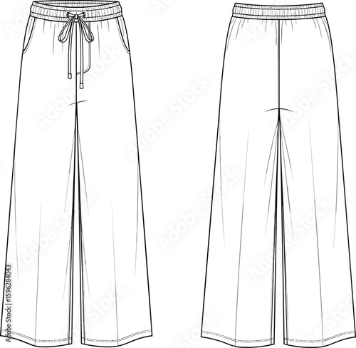 CAD drawing flat vector illustration of wide-leg pants with drawstring waist, front and back view, fashion technical sketch template