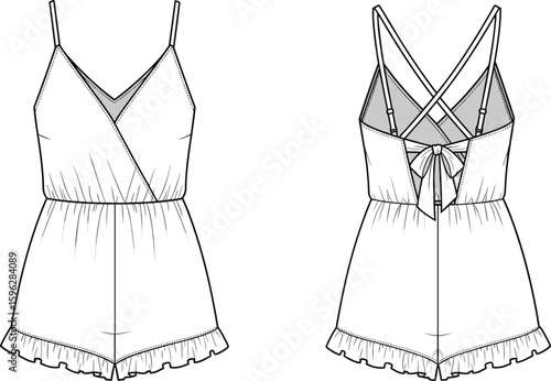 Flat vector fashion cad drawing of women's romper, front and back view, ruffle hem, bow back, strappy detail, summer wear