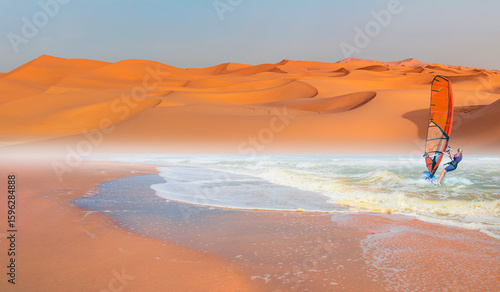 Photography Windsurfer surfing the wind on waves - Sahara desert with Atlantic ocean meets n