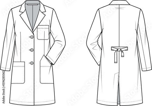 Front and back view of lab coat flat sketch, medical uniform template, professional long coat design for doctor, nurse, healthcare apparel