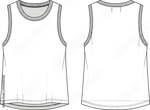 Front and back view of blank tank top template, technical fashion flat sketch, unisex sleeveless shirt design, apparel mockup illustration