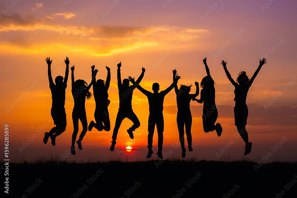Fototapeta premium A group of friends joyfully jumping together against a vibrant sunset sky