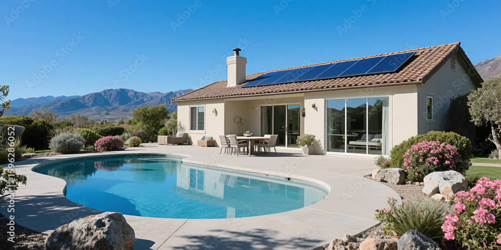 Fototapeta premium Modern Solar Panels Installed On A Arizona Home Under Clear Blue Sunny Sky, Solar Photography, Solar Powered Clean Energy, Sustainable Resources, Electricity