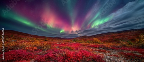 Northern lights over red autumn ground cover on Arctic tundra, cosmic contrast art for space tourism posters or polar ecology themes.