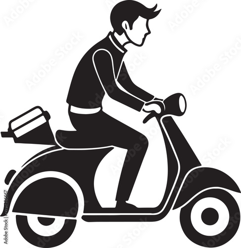 a young man riding a scooter silhouette, black and white silhouette, vector and illustration