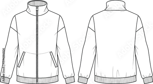 High neck bomber jacket flat sketch, cad drawing, vector illustration, front and back view, fashion design, rib hem cuffs