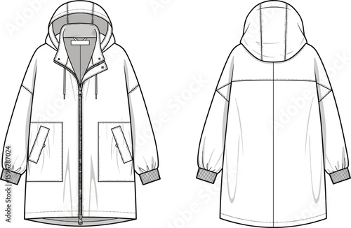 Hooded parka jacket technical flat sketch, front and back view, rib cuffs, zipper closure, large pockets, CAD drawing flat vector illustration