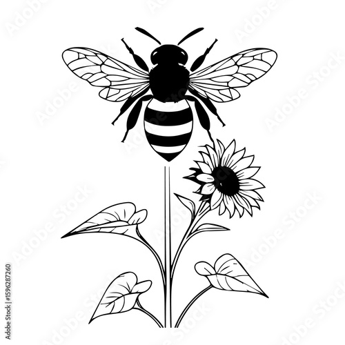 Stylized black and white illustration of a bee hovering near a sunflower