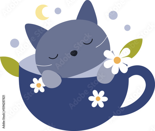 Sleepy Cat Napping In Teacup Surrounded By Flowers